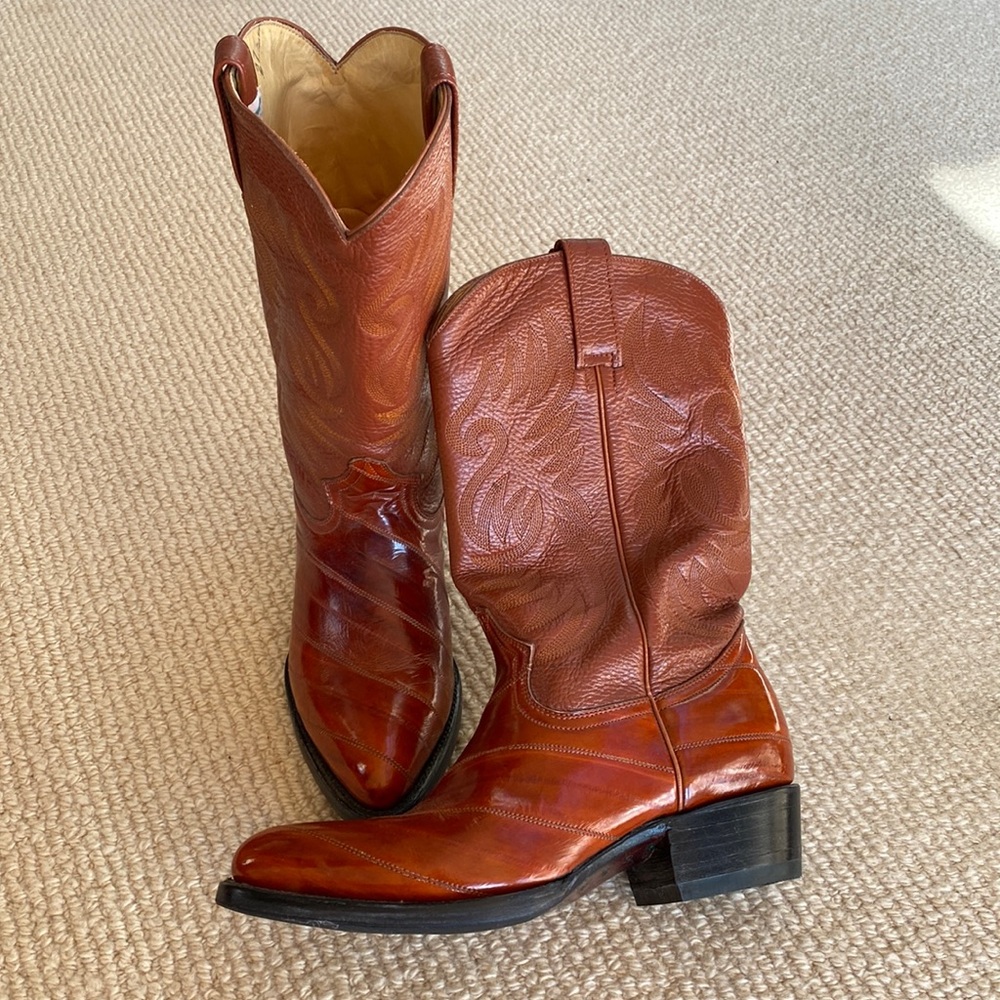 Barely Worn Eel Skin African Boots Made In Mexico Vintage Brown Leather Cowboy